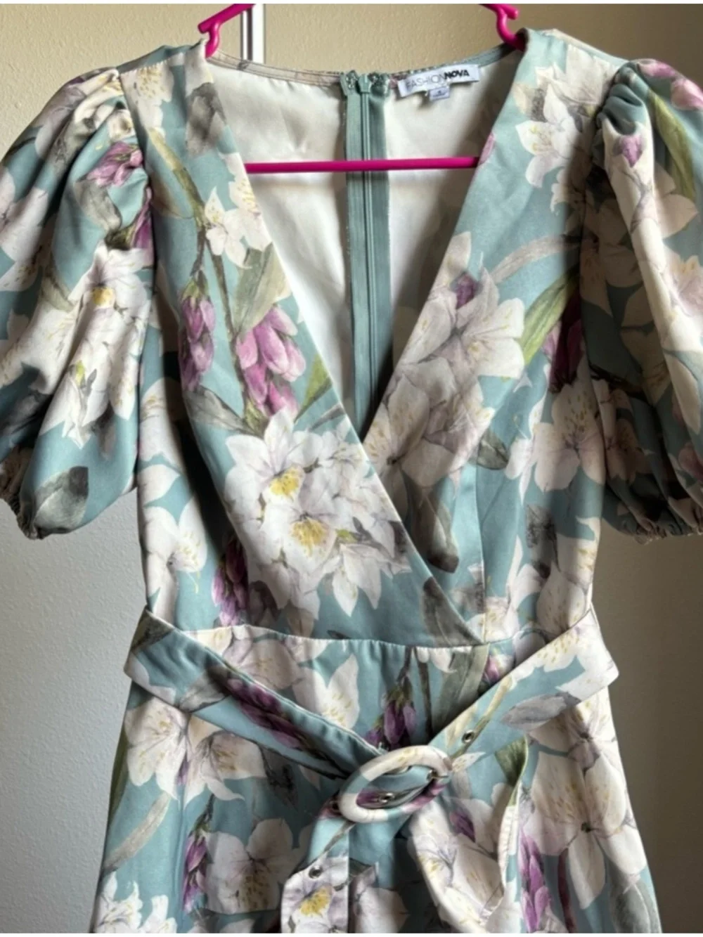 Fashion Nova Cottagecore Floral Puff Sleeve Wrap Mini Dress Belted Sz S
